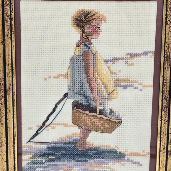 Framed Cross Stitch Girl at the Beach, Vintage Gold Frame Wall Art, Handmade - Picture 4 of 7